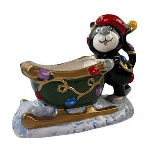 WCL Christmas Cat Figurine Black Cat Sleigh Lights Planter Bowl Holiday Decor